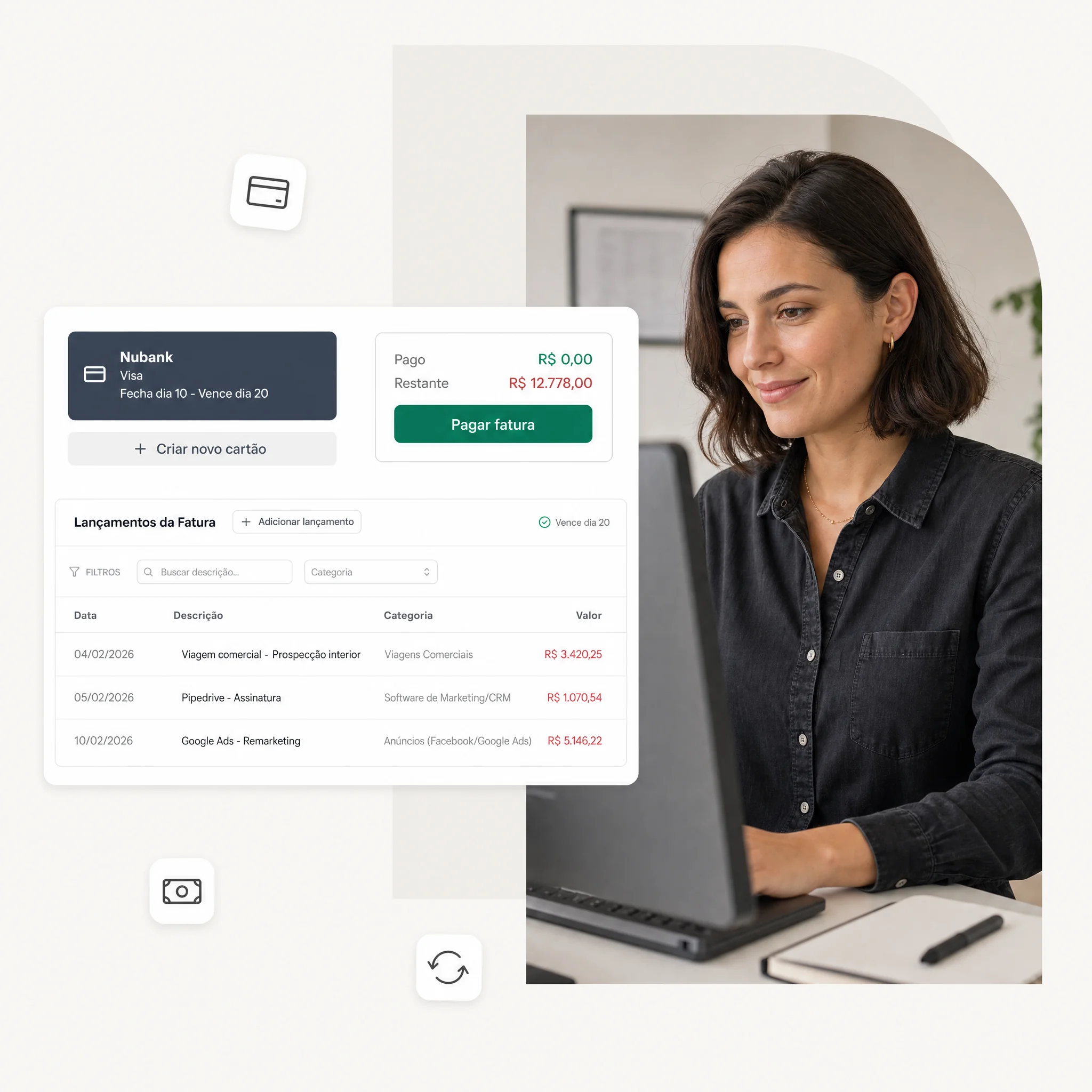 Tela de cartão de crédito no Stacky: fatura do Nubank com lançamentos e valor a pagar