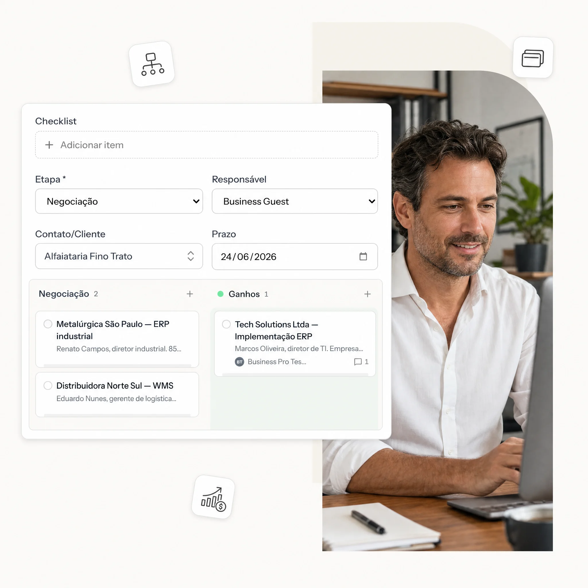 Quadro Kanban do Flow no Stacky com etapas, cards e o detalhe de um card com responsável e checklist