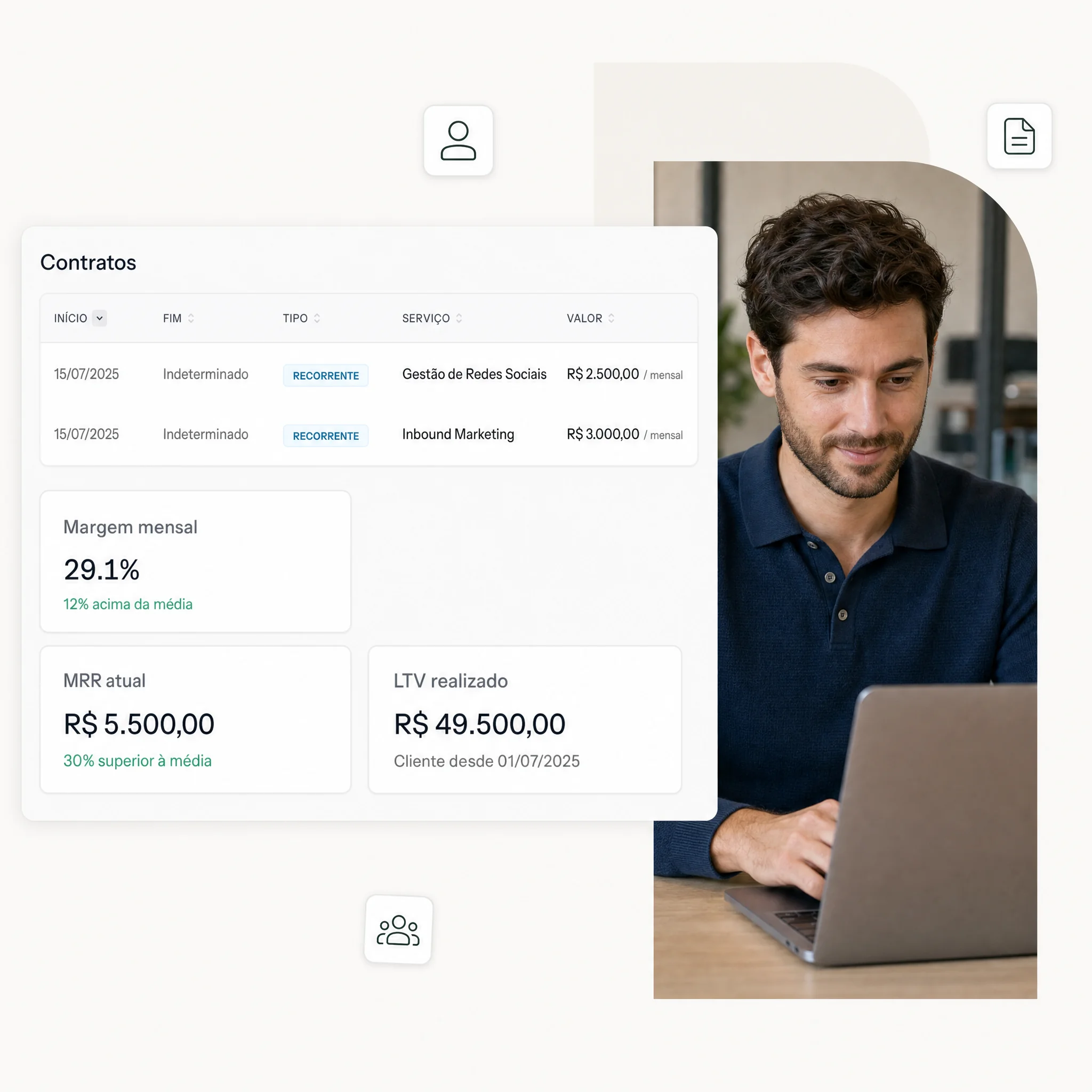 Ficha de cliente no Stacky com contratos, margem mensal, MRR e LTV realizado