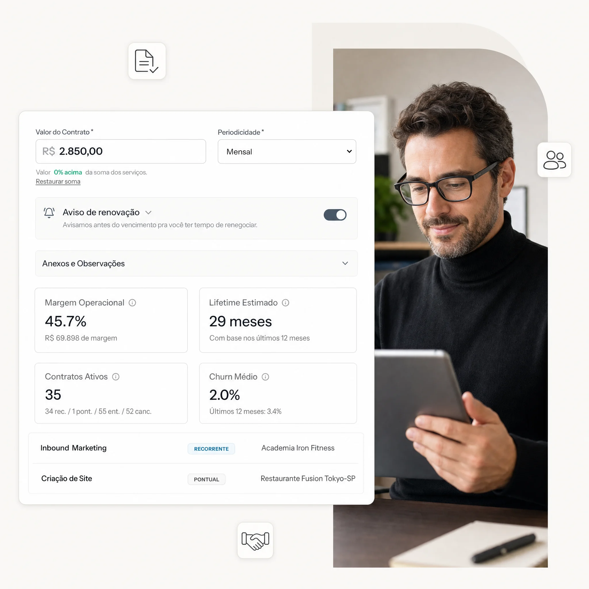 Contrato no Stacky com valor, periodicidade, aviso de renovação, margem operacional e churn