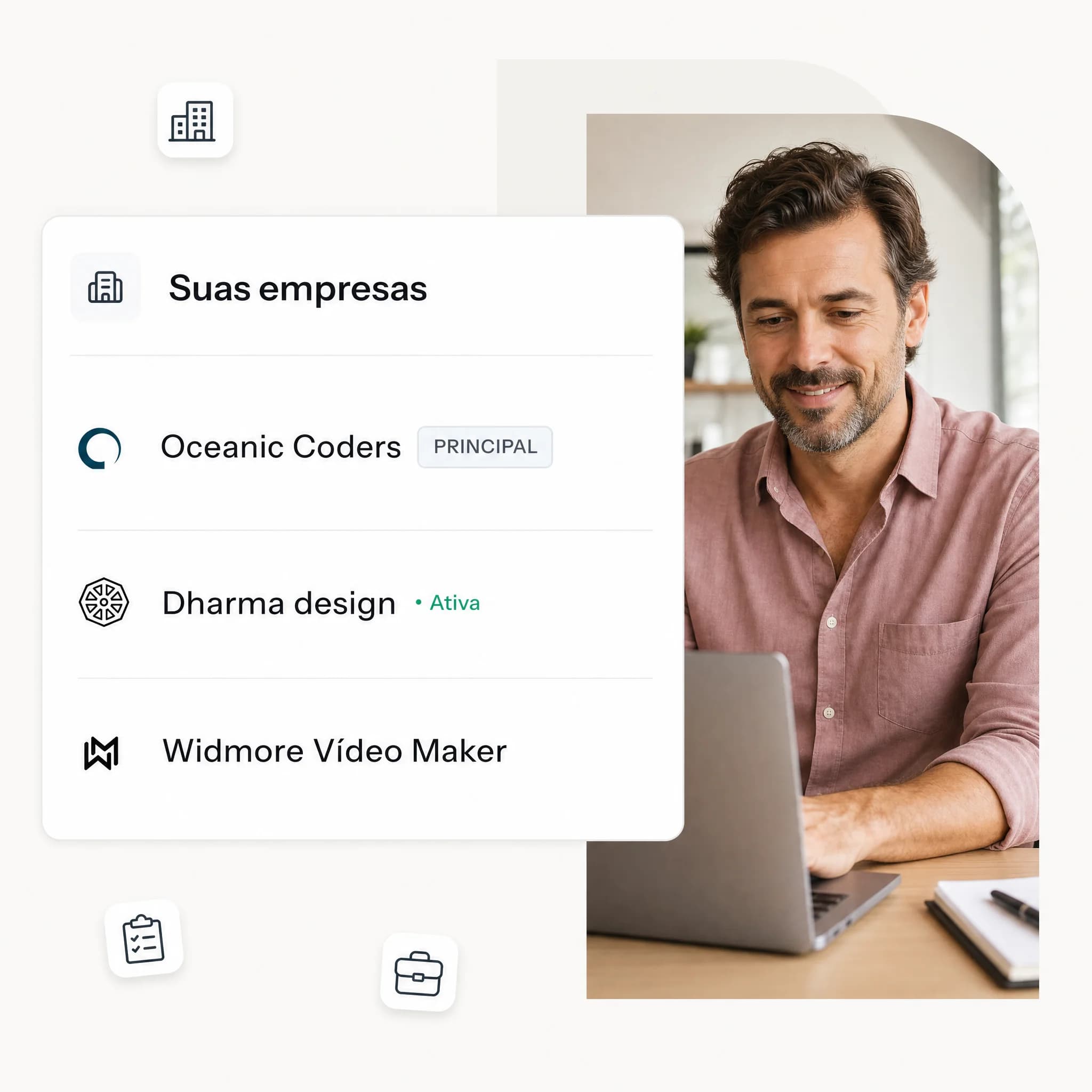 Seletor de empresas no Stacky com três CNPJs de um mesmo grupo, um marcado como principal