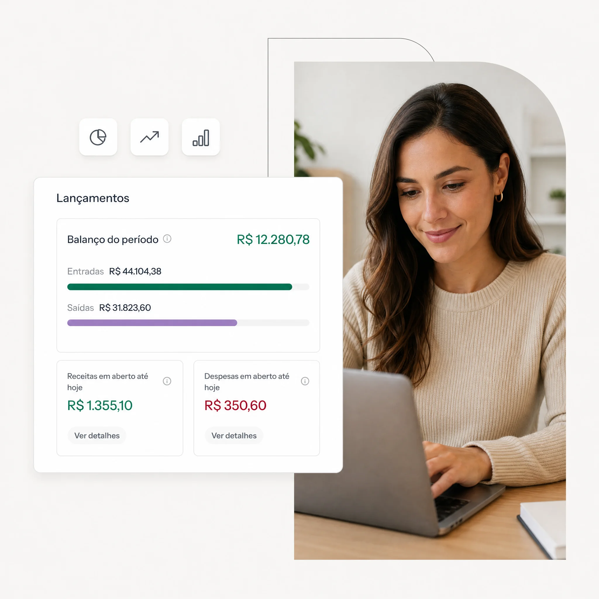 Painel de visão geral do Stacky com o balanço do período, as entradas e saídas e as contas em aberto até hoje