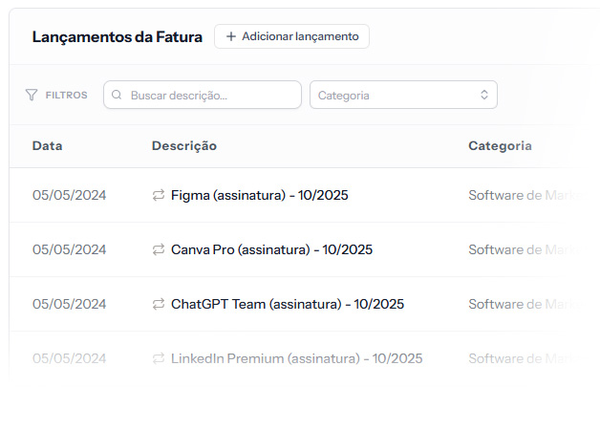 Lançamentos da fatura do cartão no Stacky, com as assinaturas do mês e suas categorias