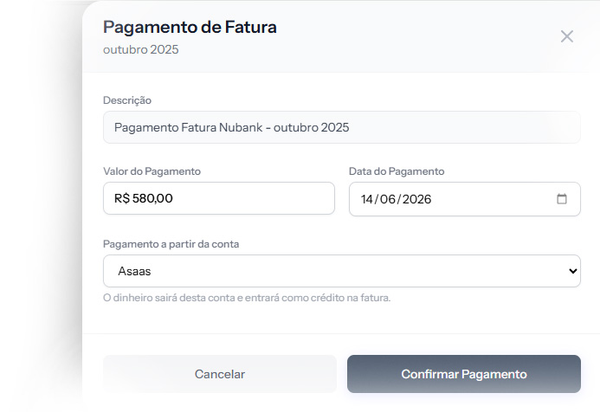 Modal de pagamento de fatura do cartão no Stacky, com descrição, valor, data e a conta de onde sai o dinheiro