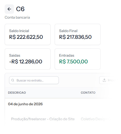 Conta bancária no Stacky com saldo inicial, saldo final, entradas, saídas e o extrato de movimentações