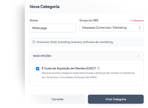 Tela de nova categoria no Stacky, com o grupo do DRE selecionado e a opção de marcar como Custo de Aquisição de Clientes (CAC)