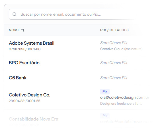 Lista de fornecedores no Stacky com nome, CNPJ e chave Pix de cada um