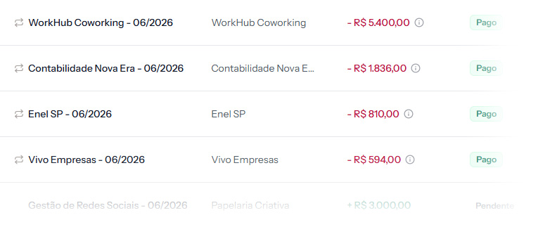 Lista de lançamentos do Stacky com descrição, fornecedor, valor e status de pagamento, alguns marcados como recorrentes