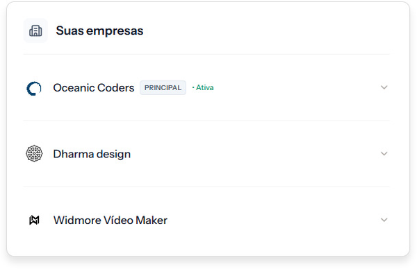 Seletor de empresas no Stacky com as três empresas da conta — Oceanic Coders (principal), Dharma design e Widmore