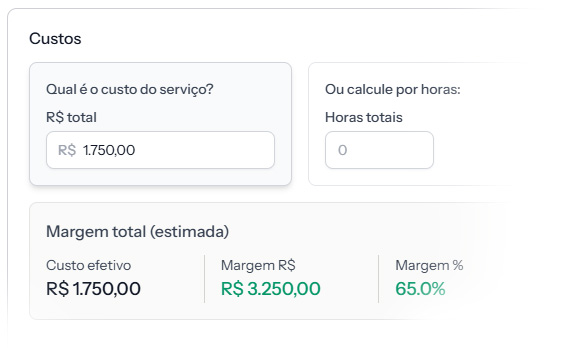 Cadastro de serviço no Stacky com o custo e a margem calculada automaticamente (65%)